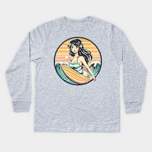 Retro Surfer Girl Kids Long Sleeve T-Shirt